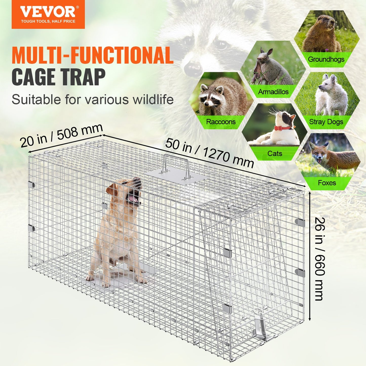 VEVOR Live Animal Cage Trap, 50 x 20 x 26 Humane Cat Trap Galvanized Iron, Folding Animal Trap with Handle for Stray Dogs, Armadillos, Raccoons, Marmots, Foxes