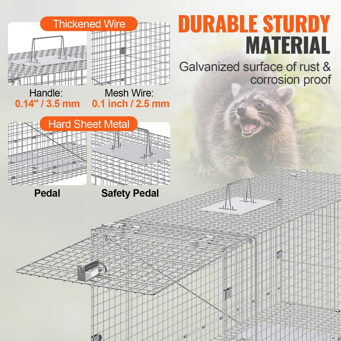 VEVOR Live Animal Cage Trap, 50 x 20 x 26 Humane Cat Trap Galvanized Iron, Folding Animal Trap with Handle for Stray Dogs, Armadillos, Raccoons, Marmots, Foxes