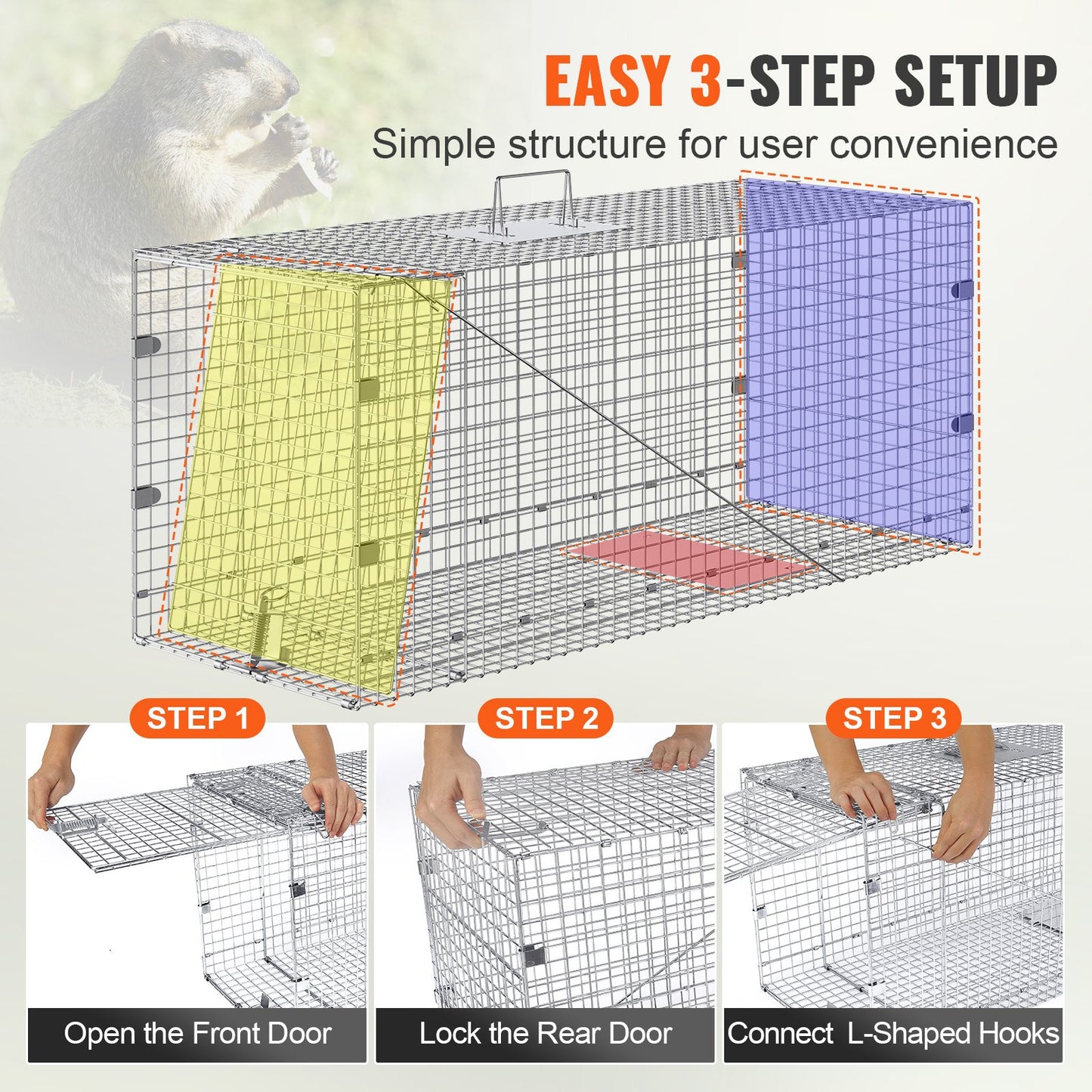 VEVOR Live Animal Cage Trap, 50 x 20 x 26 Humane Cat Trap Galvanized Iron, Folding Animal Trap with Handle for Stray Dogs, Armadillos, Raccoons, Marmots, Foxes
