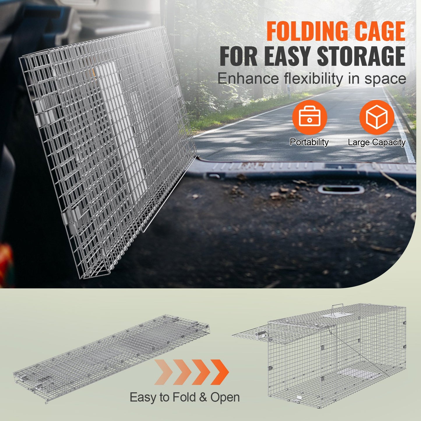 VEVOR Live Animal Cage Trap, 50 x 20 x 26 Humane Cat Trap Galvanized Iron, Folding Animal Trap with Handle for Stray Dogs, Armadillos, Raccoons, Marmots, Foxes