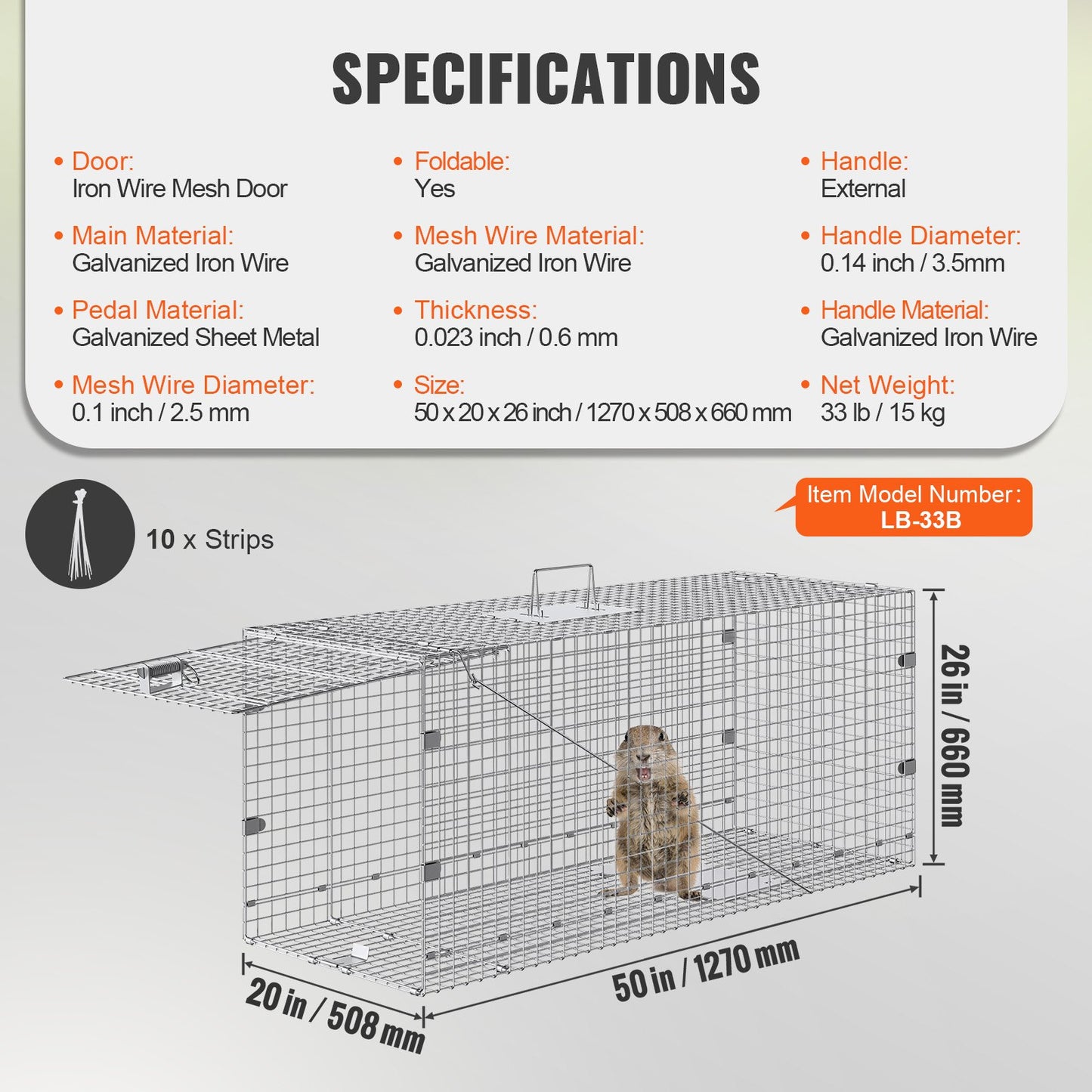 VEVOR Live Animal Cage Trap, 50 x 20 x 26 Humane Cat Trap Galvanized Iron, Folding Animal Trap with Handle for Stray Dogs, Armadillos, Raccoons, Marmots, Foxes
