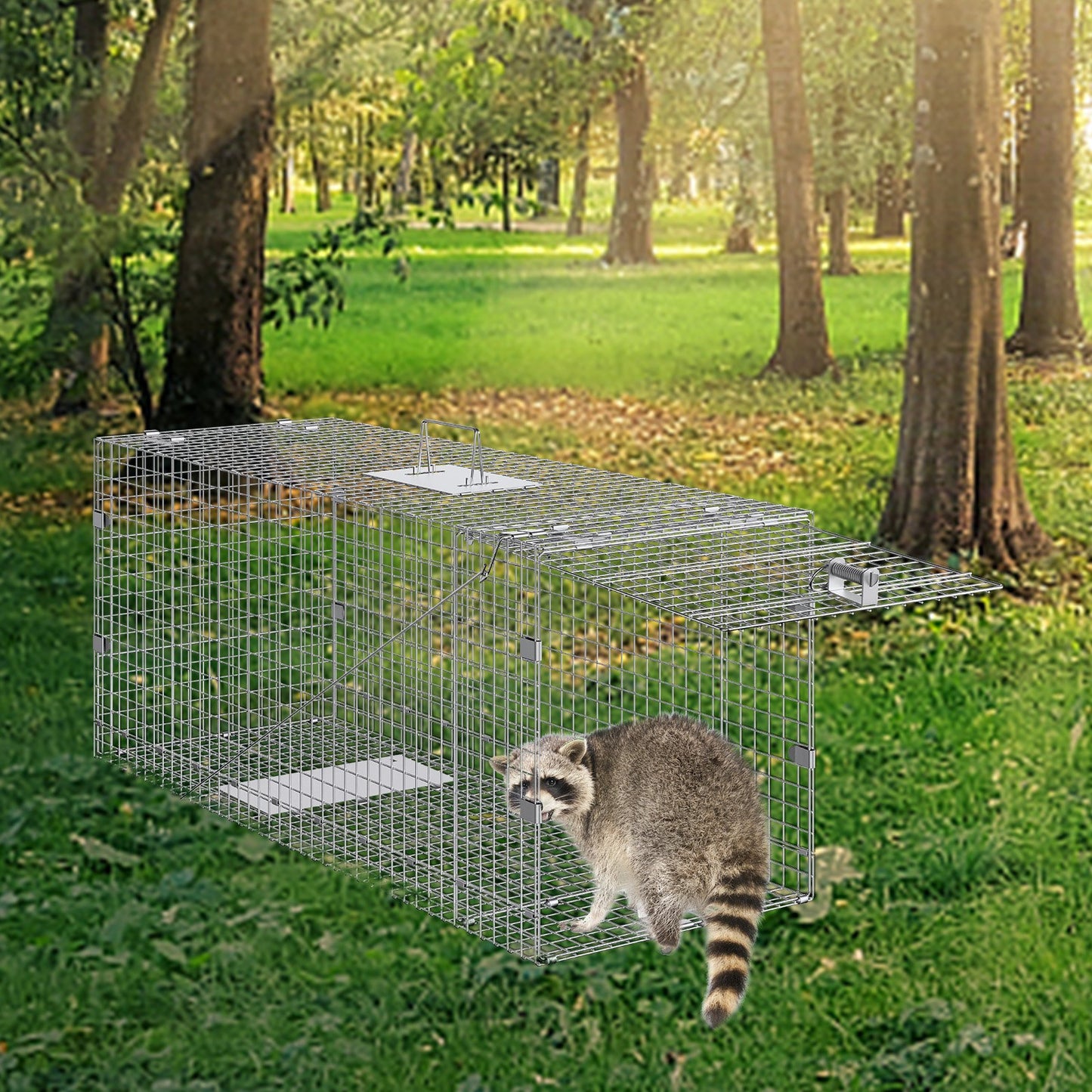 VEVOR Live Animal Cage Trap, 50 x 20 x 26 Humane Cat Trap Galvanized Iron, Folding Animal Trap with Handle for Stray Dogs, Armadillos, Raccoons, Marmots, Foxes