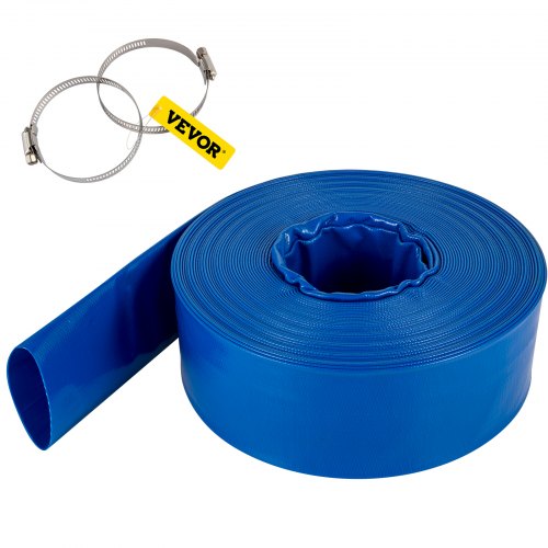 VEVOR Discharge Hose, 1-1/2 x 105', PVC Fabric Lay Flat Hose, Heavy Duty Backwash Drain Hose with Clamps, Weather-proof & Burst-proof, Ideal for Swimming Pool & Water Transfer, Blue