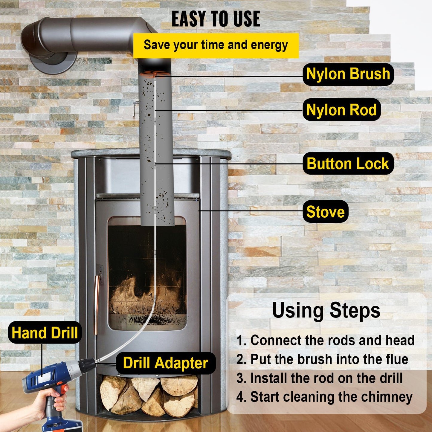 VEVOR Chimney Sweep Kit 20FT Length, Chimney Brush Kit with 6 Nylon Flexible Rods, Rotary Chimney Cleaning Kit Driven by Drill, Chimney Cleaning Tool Kits for Sweeping Fireplace Flue