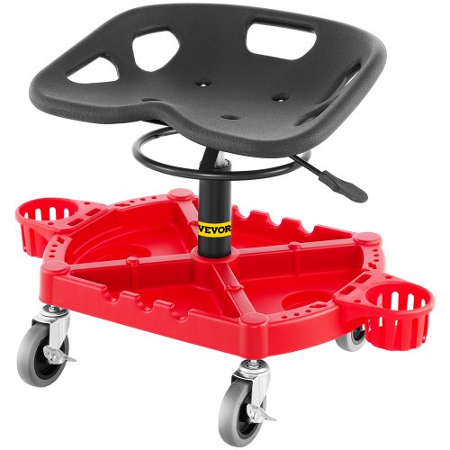 Rolling Garage Stool, 300LBS Capacity, Adjustable Height from 18 in to 23 in, 360-degree Swivel Wheels (4\'), Large Tool Tray with Two Bottle Holder, for Workshop, Auto Repair Shop, Red