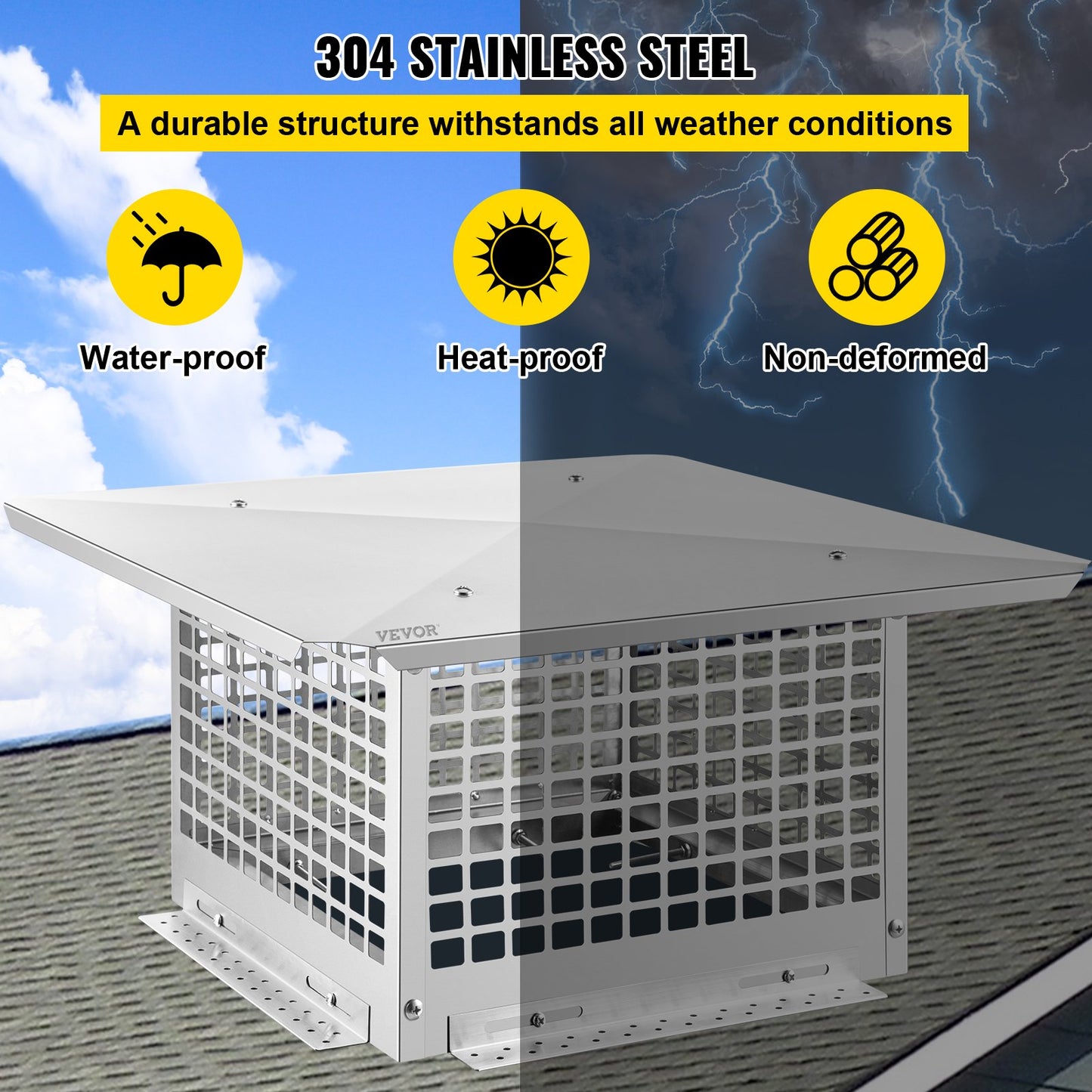 VEVOR Chimney Cap, 13 x 13 Flue Caps, 304 Stainless Steel Fireplace Chimney Cover, Adjustable Metal Spark Arrestor with Bolts Screws, Mesh Chimney Flue Cover for Outside Existing Clay Flue Tile