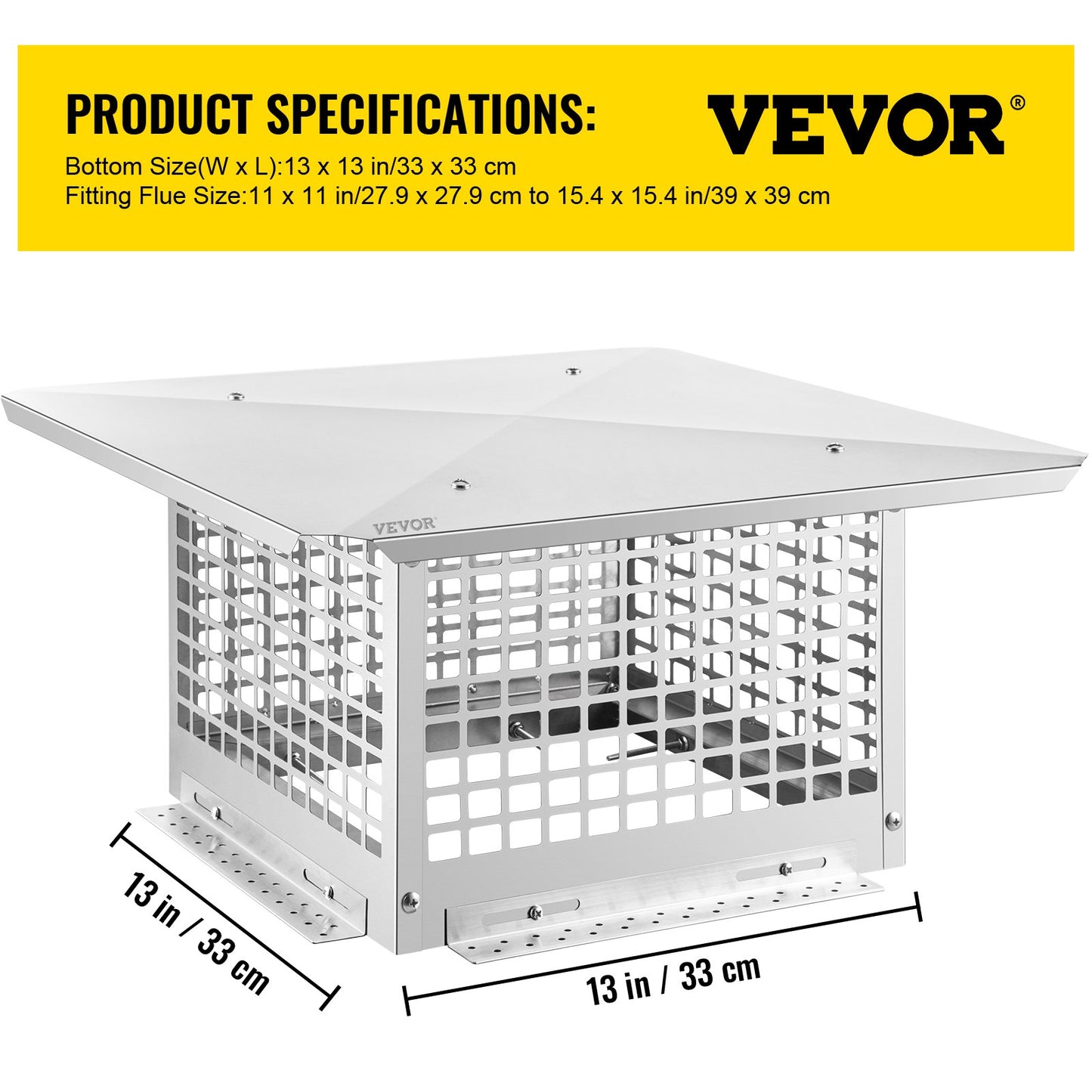 VEVOR Chimney Cap, 13 x 13 Flue Caps, 304 Stainless Steel Fireplace Chimney Cover, Adjustable Metal Spark Arrestor with Bolts Screws, Mesh Chimney Flue Cover for Outside Existing Clay Flue Tile