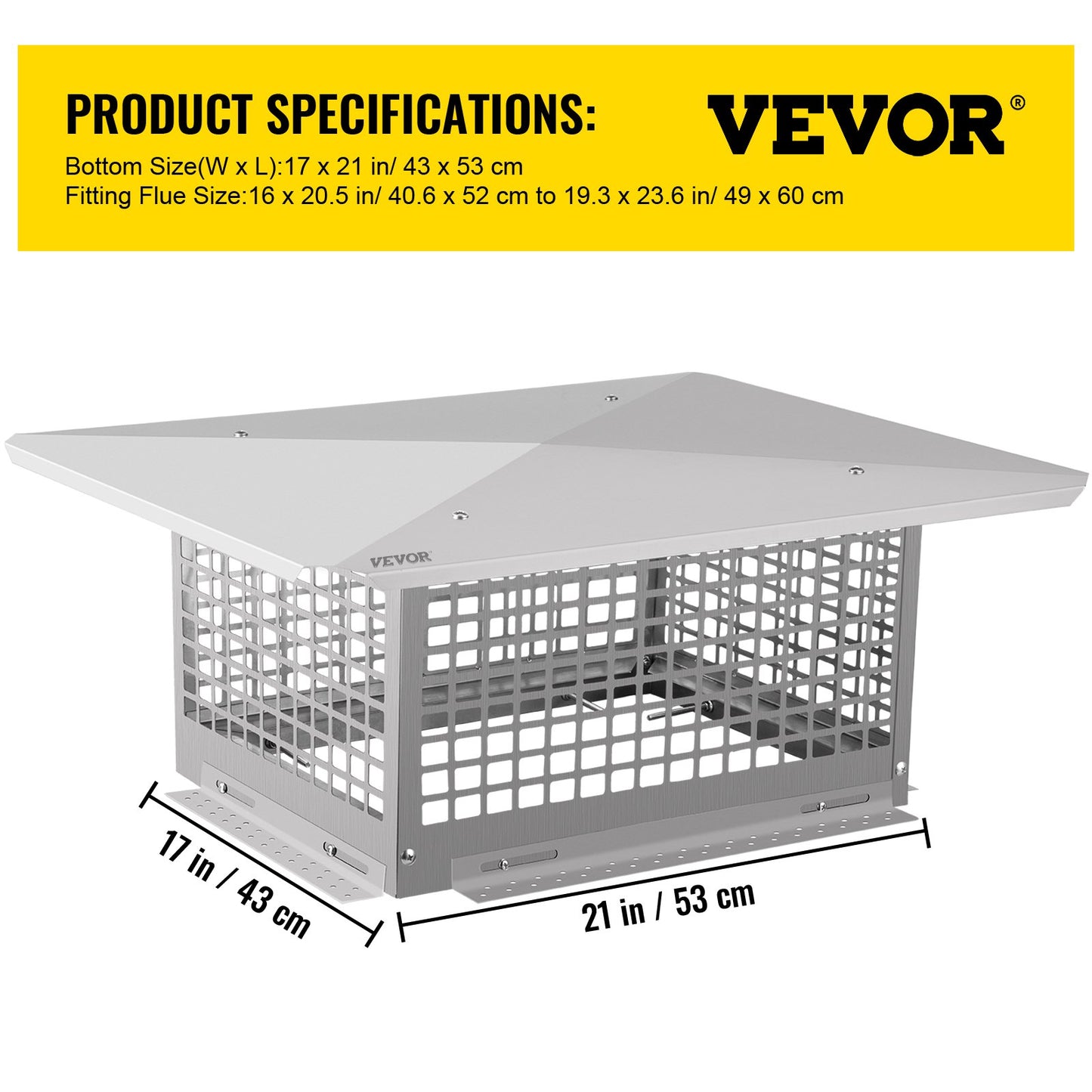 VEVOR Chimney Cap, 17 x 21 Flue Caps, 304 Stainless Steel Fireplace Chimney Cover, Adjustable Metal Spark Arrestor with Bolts Screws, Mesh Chimney Flue Cover for Outside Existing Clay Flue Tile