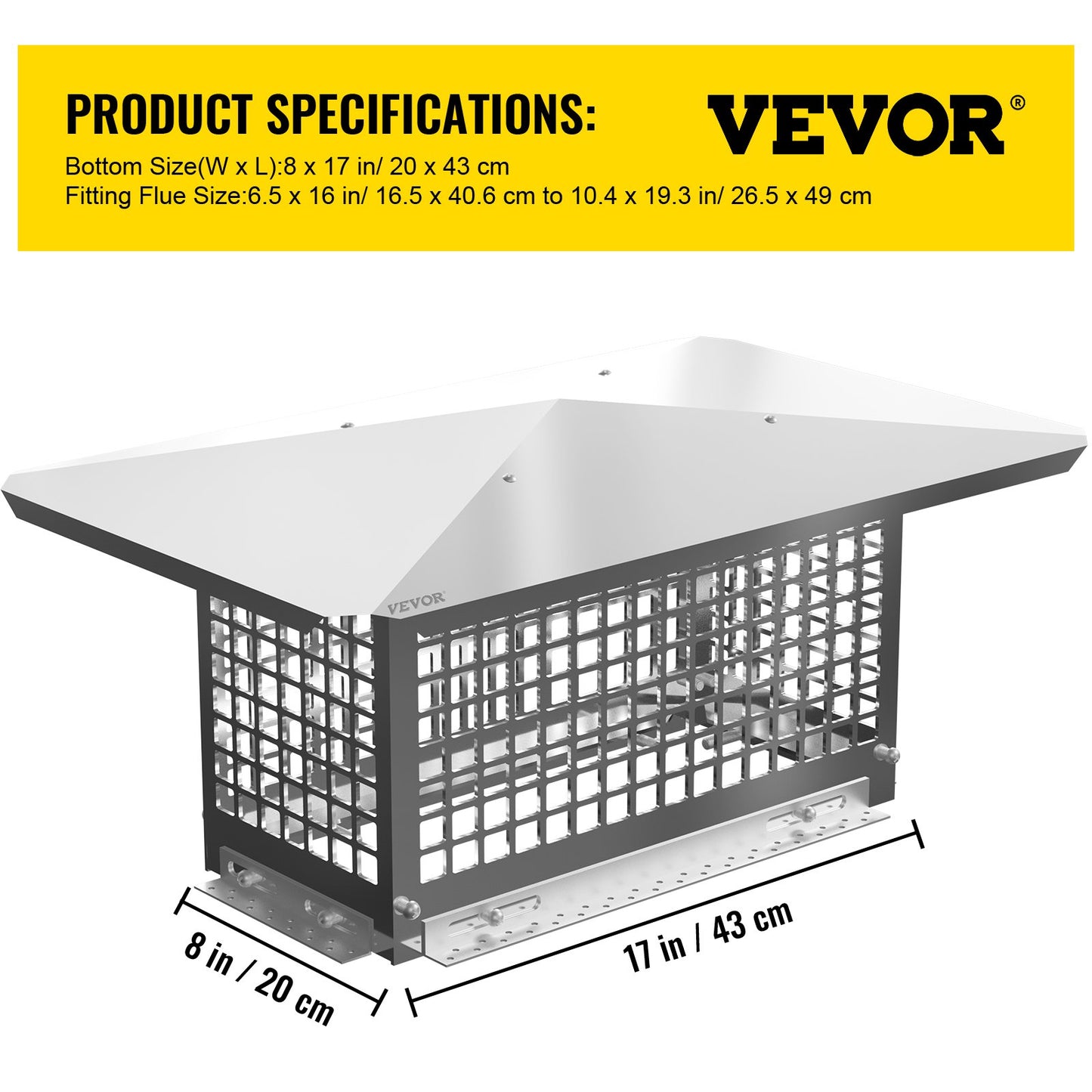 VEVOR Chimney Cap, 8 x 17 Flue Caps, 304 Stainless Steel Fireplace Chimney Cover, Adjustable Metal Spark Arrestor with Bolts Screws, Mesh Chimney Flue Cover for Outside Existing Clay Flue Tile