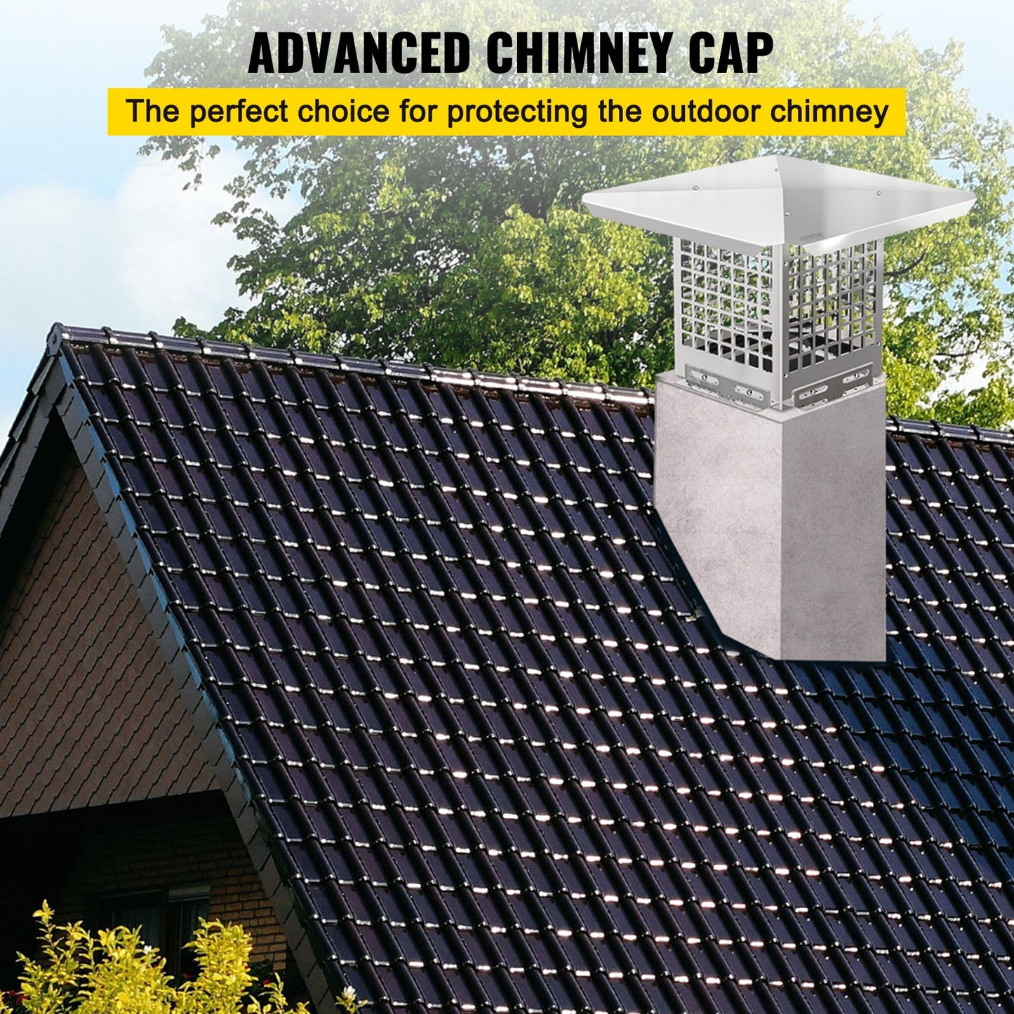VEVOR Chimney Cap, 8 x 8 Flue Caps, 304 Stainless Steel Fireplace Chimney Cover, Adjustable Metal Spark Arrestor with Bolts Screws, Mesh Chimney Flue Cover for Outside Existing Clay Flue Tile
