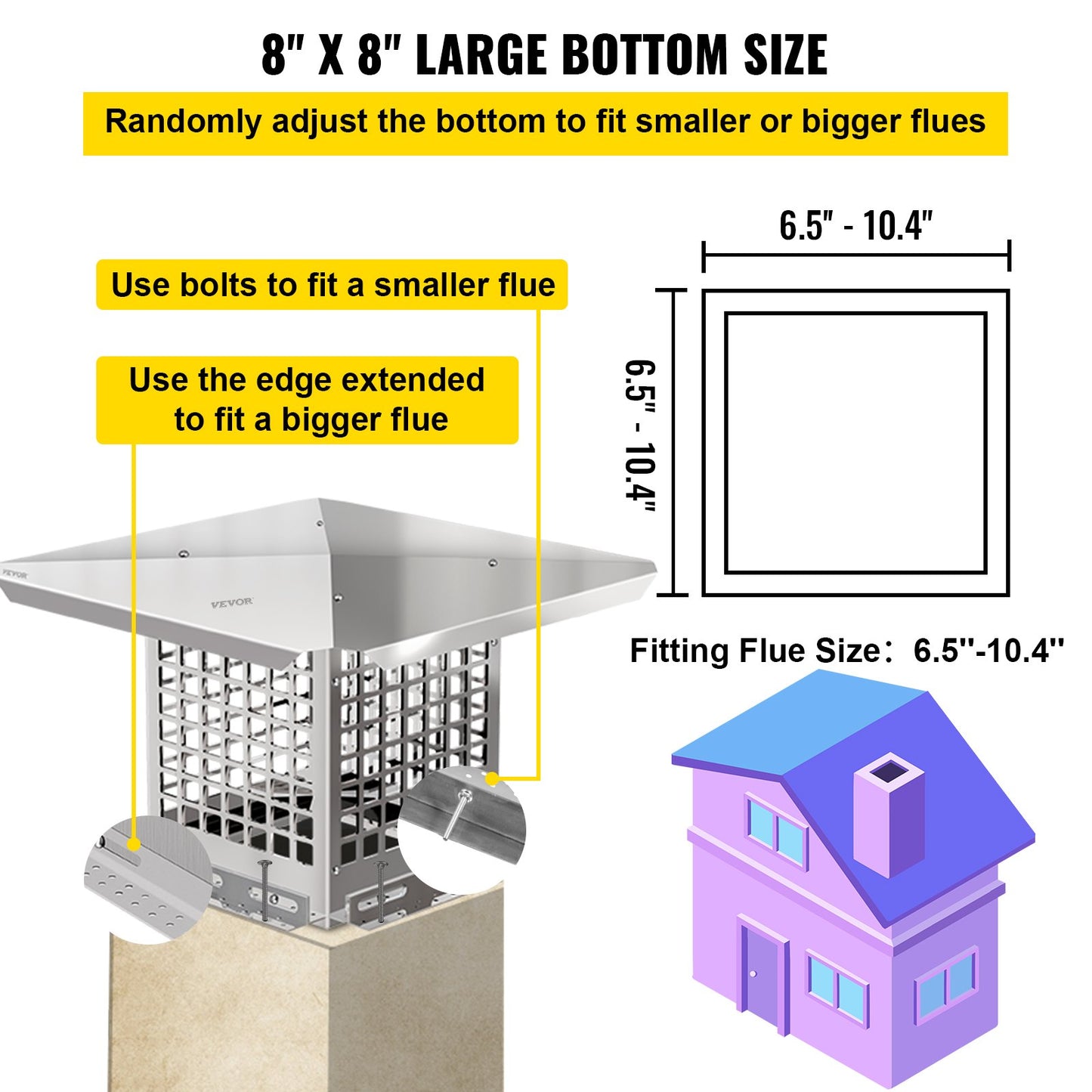 VEVOR Chimney Cap, 8 x 8 Flue Caps, 304 Stainless Steel Fireplace Chimney Cover, Adjustable Metal Spark Arrestor with Bolts Screws, Mesh Chimney Flue Cover for Outside Existing Clay Flue Tile