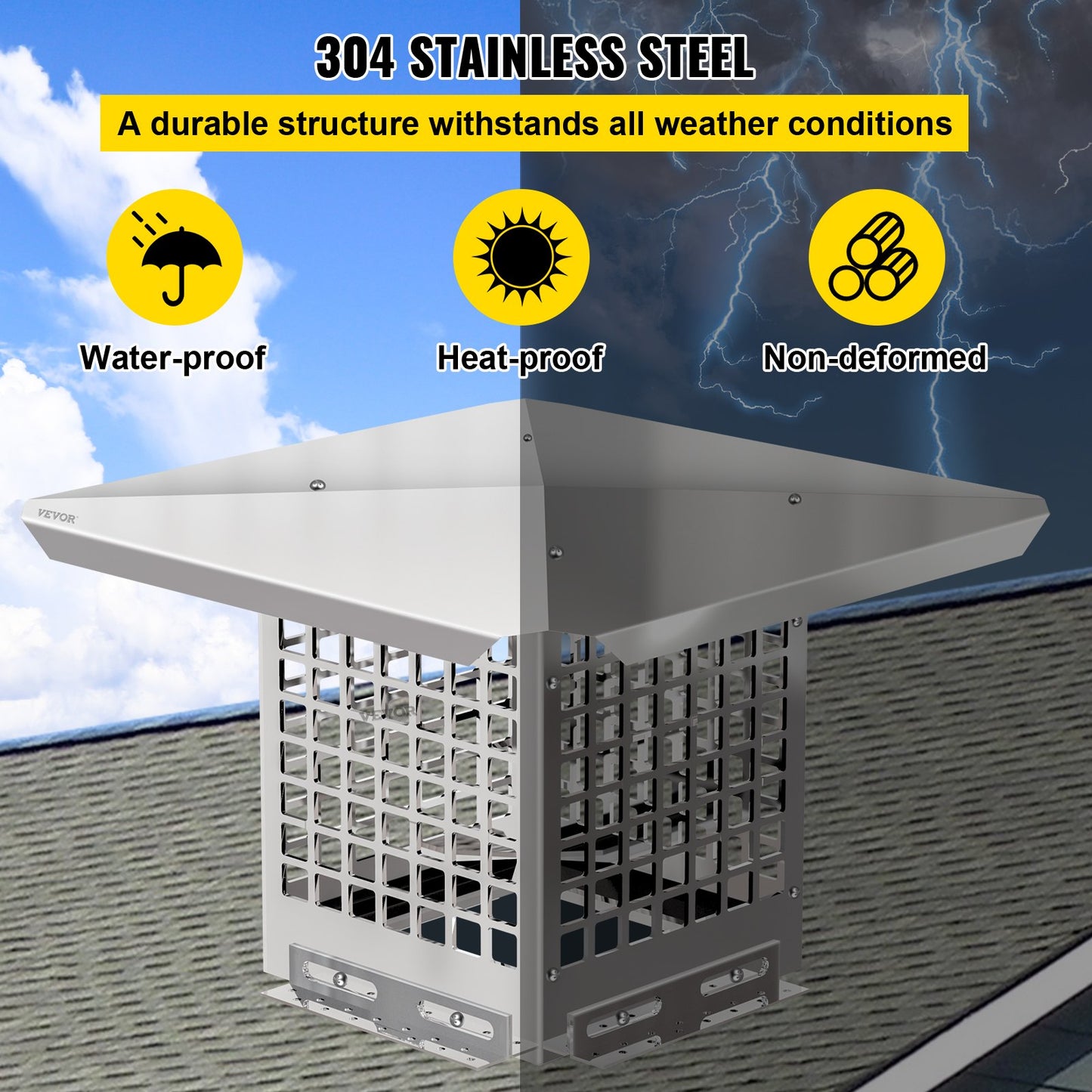 VEVOR Chimney Cap, 8 x 8 Flue Caps, 304 Stainless Steel Fireplace Chimney Cover, Adjustable Metal Spark Arrestor with Bolts Screws, Mesh Chimney Flue Cover for Outside Existing Clay Flue Tile
