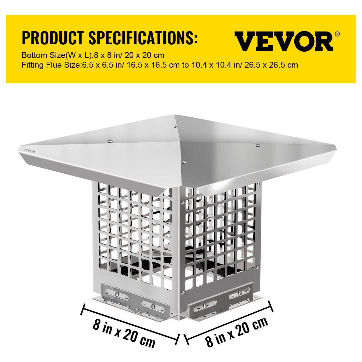 VEVOR Chimney Cap, 8 x 8 Flue Caps, 304 Stainless Steel Fireplace Chimney Cover, Adjustable Metal Spark Arrestor with Bolts Screws, Mesh Chimney Flue Cover for Outside Existing Clay Flue Tile