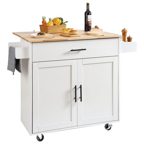 Kitchen Island Cart with Solid Wood Top, 35.4' Width Mobile Carts with Storage Cabinet, Rolling Kitchen Table with Spice Rack, Towel Rack, Drop Leaf and Drawer, Portable Islands on Wheels, White