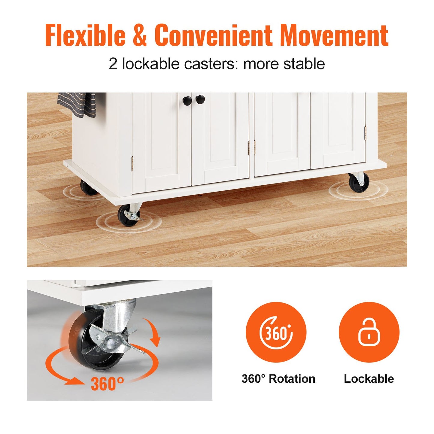 VEVOR Kitchen Island Cart with Solid Wood Top, 35.4 Width Mobile Carts with Storage Cabinet, Rolling Kitchen Table with Spice Rack, Towel Rack, and Drawer, Portable Islands on Wheels, White
