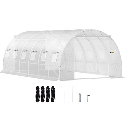20 x 10 x 7 ft Walk-in Tunnel Greenhouse, Portable Plant Hot House with Galvanized Steel Hoops, 3 Top Beams, Diagonal Poles, 2 Zippered Doors & 12 Roll-up Windows, White