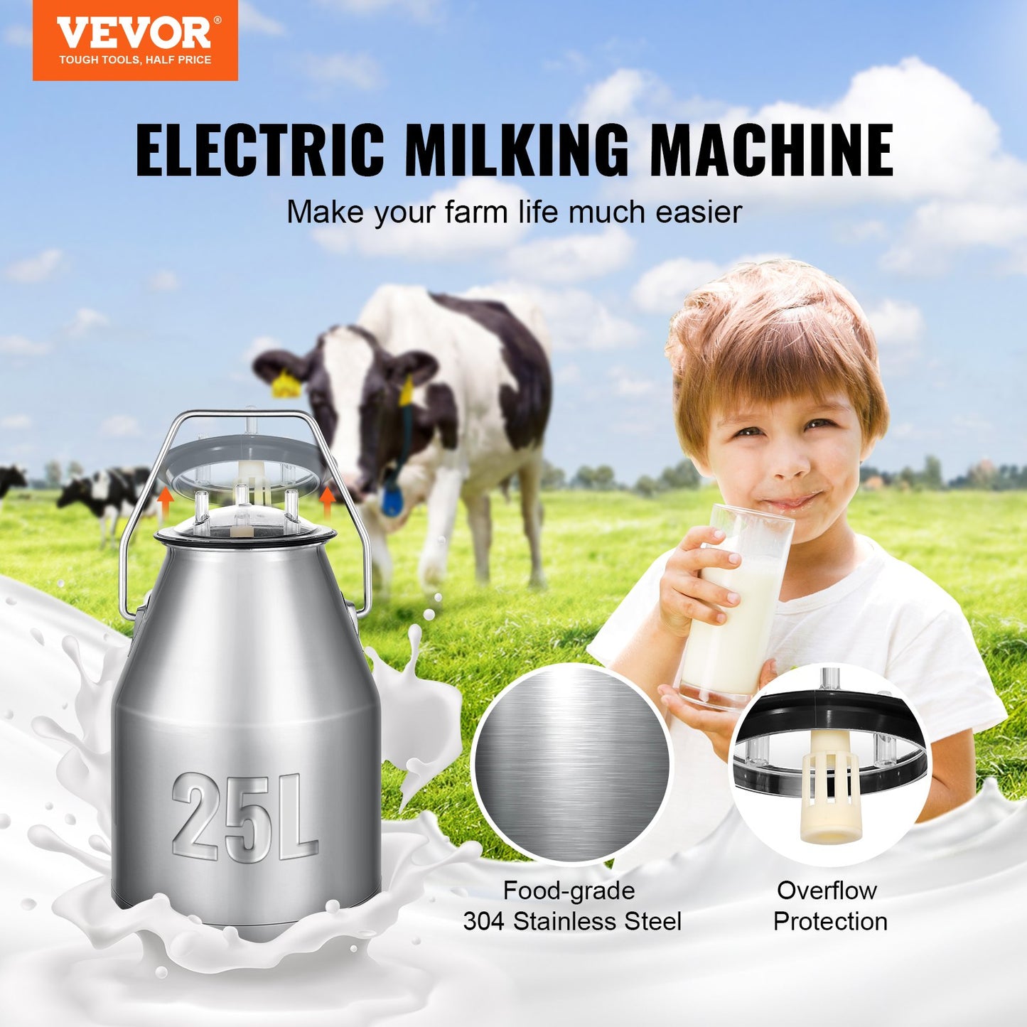 VEVOR Electric Cow Milking Machine, 6.6 Gal / 25 L 304 Stainless Steel Bucket, Automatic Pulsation Vacuum Milker, Portable Milker with Food-grade Silicone Cups and Tubes, Adjustable Pressure
