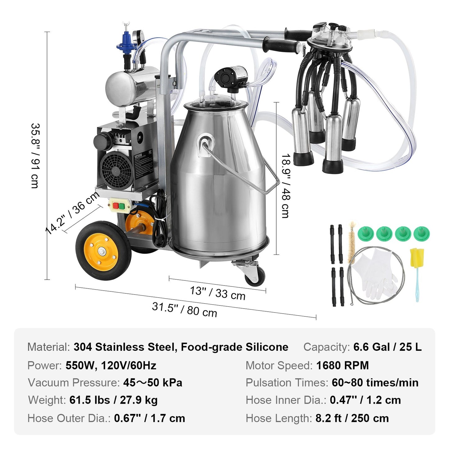VEVOR Electric Cow Milking Machine, 6.6 Gal / 25 L 304 Stainless Steel Bucket, Automatic Pulsation Vacuum Milker, Portable Milker with Food-grade Silicone Cups and Tubes, Adjustable Pressure