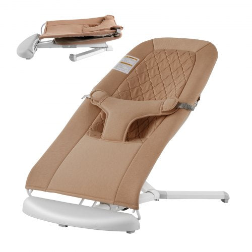 Baby Bouncer, Folding Bouncer Seat for Babies 0-9 Months, Newborn Bouncer Chair with 2 Reclining Angles & 3-Point Harness, Portable Infant Rocker with Carrying Bag for Indoors Outdoors, Camel
