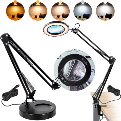 VEVOR Magnifying Glass with Light and Stand, 5X Magnifying Lamp, 4.3 Glass Lens, Base and Clamp 2-in-1 Desk Magnifier with Light, 64 LED Lights 5 Color Modes, for Close Work Reading Repair Crafts