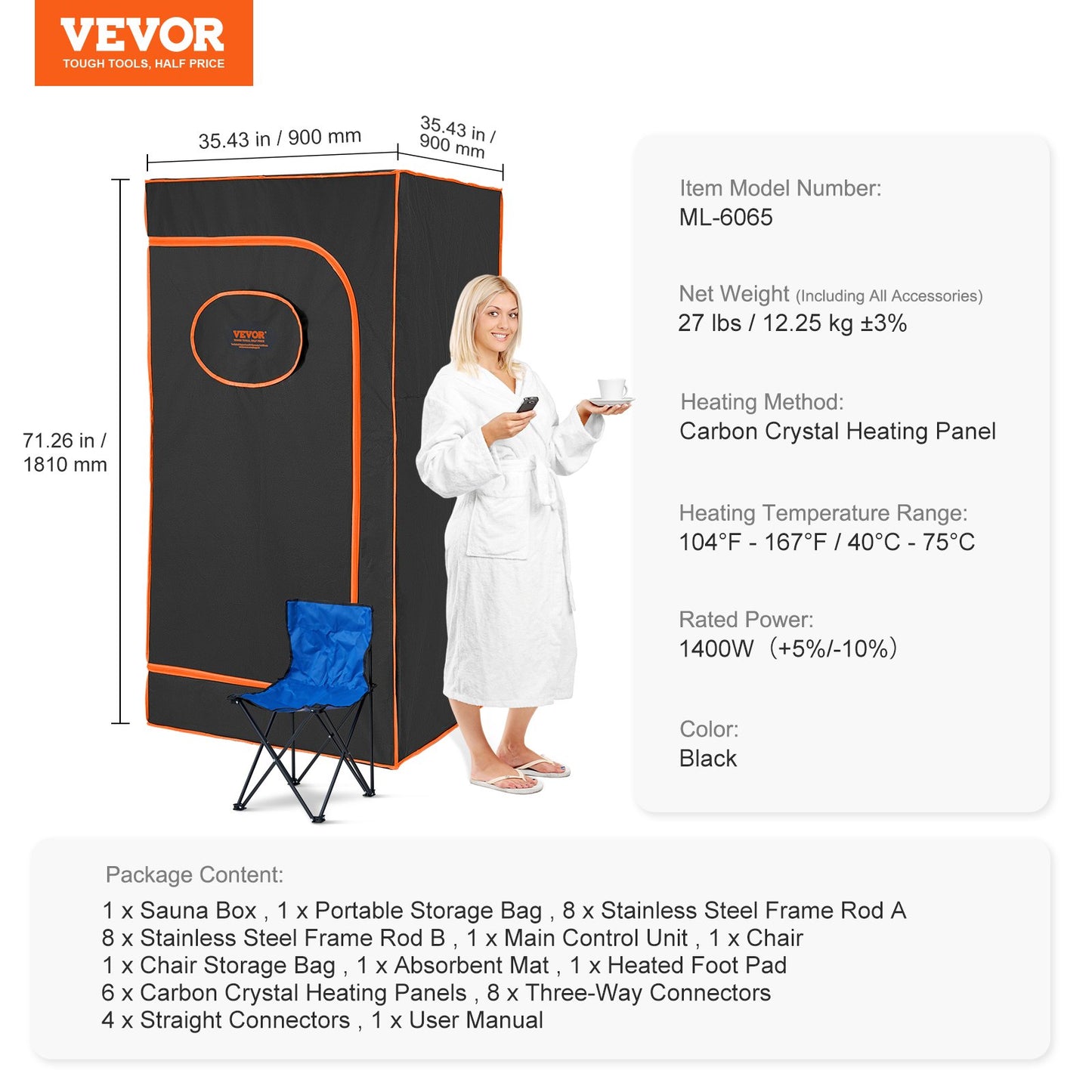 VEVOR Sauna Tent Portable Full Size, 1400W Personal Sauna Kit for Home Spa, Detoxify & Soothing Infrared Heated Body Therapy, Time & Temperature Remote Control With Chair & Floor Mat