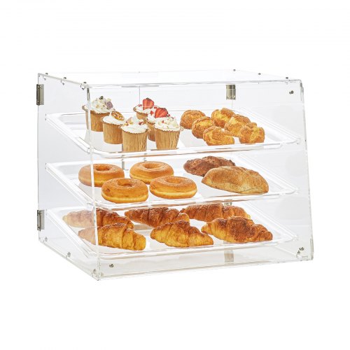 VEVOR Pastry Display Case, 3-Tier Commercial Countertop Bakery Display Case, Acrylic Display Box with Rear Door Access & Removable Shelves, Keep Fresh for Donut Bagels Cake Cookie, 20.7x14.2x16.3