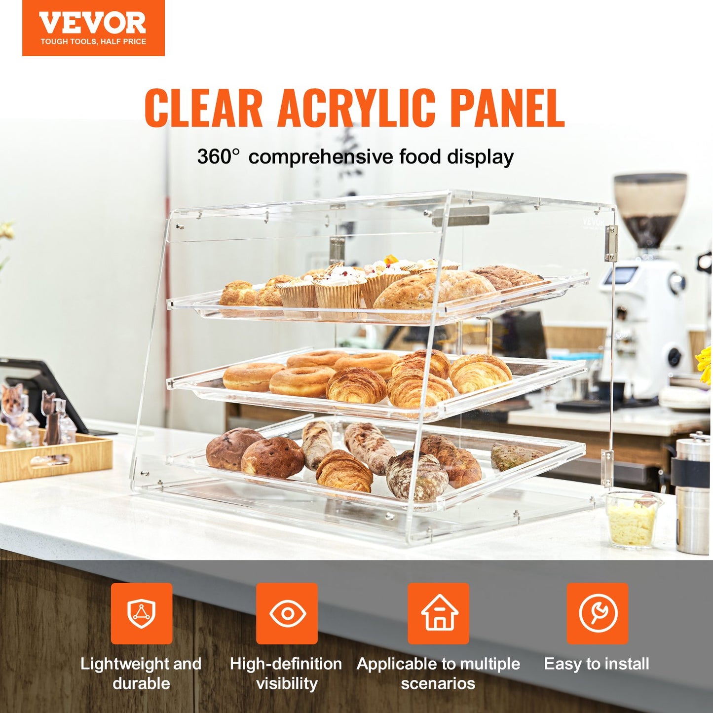 VEVOR Pastry Display Case, 3-Tier Commercial Countertop Bakery Display Case, Acrylic Display Box with Rear Door Access & Removable Shelves, Keep Fresh for Donut Bagels Cake Cookie, 20.7x14.2x16.3