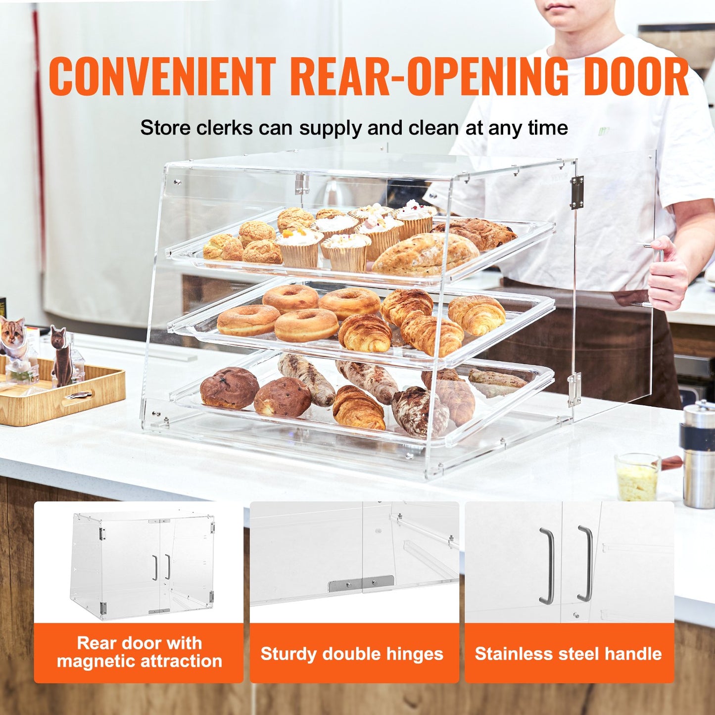 VEVOR Pastry Display Case, 3-Tier Commercial Countertop Bakery Display Case, Acrylic Display Box with Rear Door Access & Removable Shelves, Keep Fresh for Donut Bagels Cake Cookie, 20.7x14.2x16.3