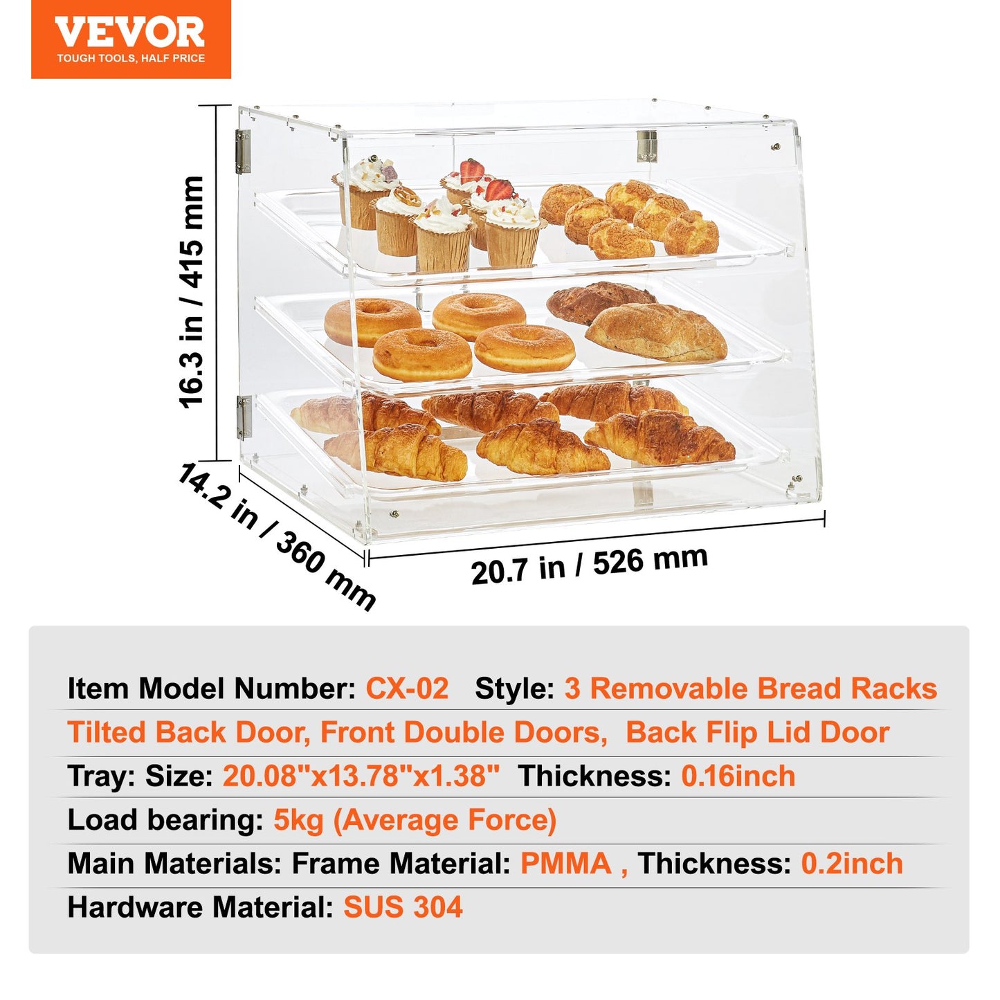 VEVOR Pastry Display Case, 3-Tier Commercial Countertop Bakery Display Case, Acrylic Display Box with Rear Door Access & Removable Shelves, Keep Fresh for Donut Bagels Cake Cookie, 20.7x14.2x16.3