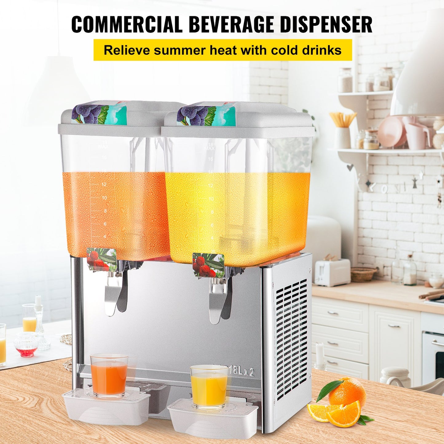 VEVOR 110V Commercial Beverage Dispenser,9.5 Gallon 36L 2 Tanks Juice Dispenser Commercial,18 Liter Per Tank 300W Stainless Steel Food Grade Material Ice Tea Drink Dispenser Equipped with Thermostat Controller