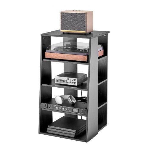 5-Tier AV Media Stand, Wooden Audio-Video Media Stand for DVD Players/Cable Boxes/Games Consoles, Height-Adjustable Media Storage Cabinet for Gaming, Recording Room, Black
