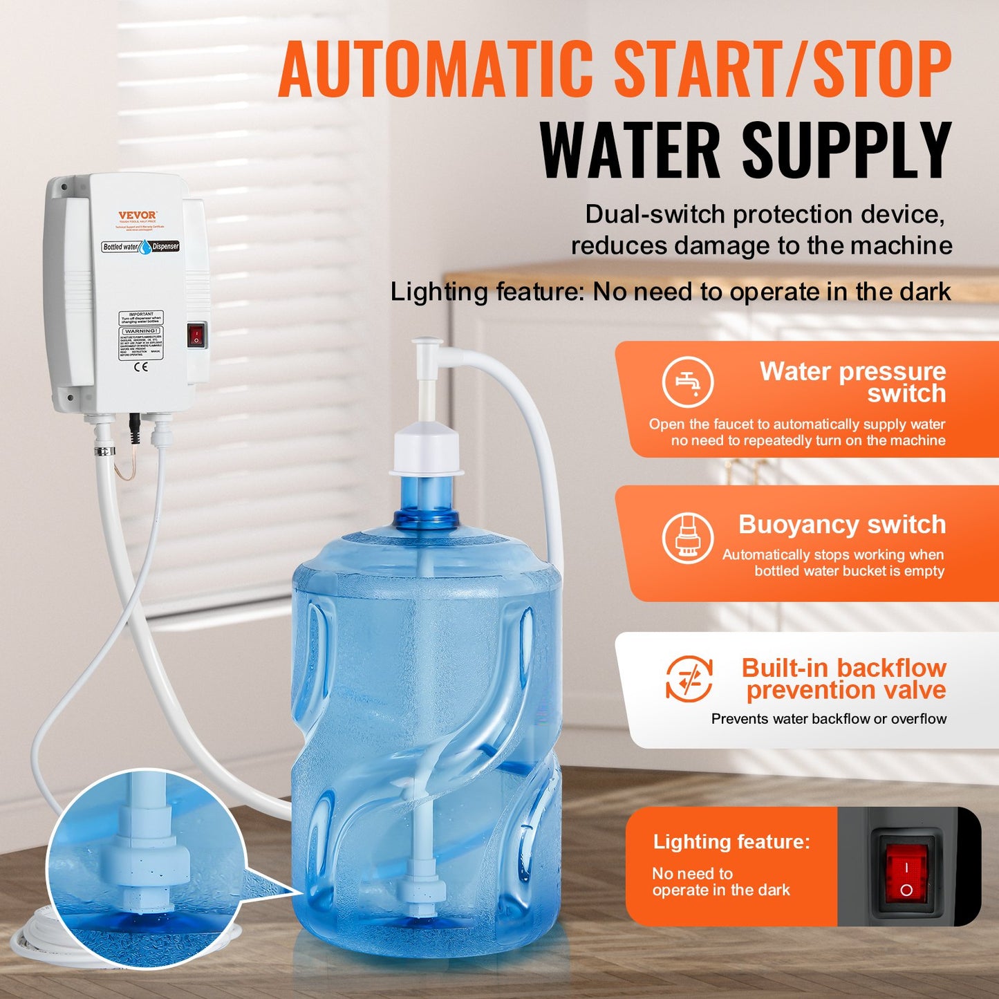 VEVOR Bottled Water Dispenser Pump System , 110V 20ft US Plug High Flow Bottled Water Pump with Single Inlet , Water Dispenser Pump Compatible Use with Coffee/Tea Machines, Ice Makers