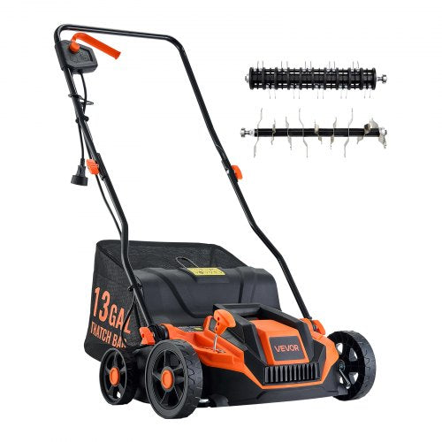 2-in-1 Electric Dethatcher and Scarifier, 13-Inch 13 Amp, Corded Lawn Dethatcher with 13-Gallon Thatch Collection Bag, 5-Position Depth Adjustment, Walk Behind Machine for Garden Yard Grass