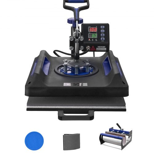 Heat Press Machine, 15 x 15 inch, 5 in 1 Heat Transfer Machine with 30 oz Tumbler Press, 360¡ã Swing Away Digital T-Shirt Pressing, Teflon Coating, for T-Shirts/Mugs/Hats/Plates, Black+Blue
