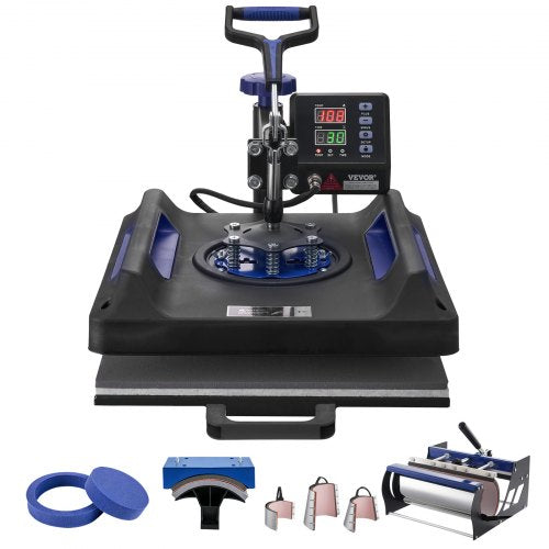 Heat Press Machine, 15 x 15 inch, 8 in 1 Heat Transfer Machine with 30 oz Tumbler Press, 360¡ã Swing Away Digital T-Shirt Pressing, Teflon Coating, for T-Shirts/Mugs/Hats/Plates, Black+Blue