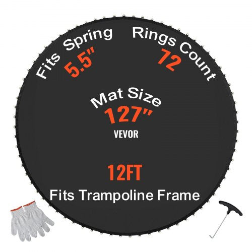 Replacement Trampoline Mat, Jumping Mat Fits 12ft Frame, Universal Jumping Mat for 12ft Round Trampoline, Reinforce UV-Resistant Mat with Spring Tool & Durable V-Rings, Fit 5.5' Spring Length