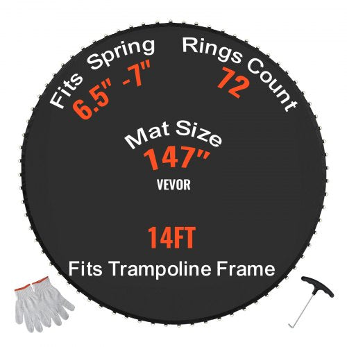 Replacement Trampoline Mat, Jumping Mat Fits 14ft Frame, Universal Jumping Mat for 14ft Round Trampoline, Reinforce UV-Resistant Mat with Spring Tool & Durable V-Rings, Fit 6.5'-7' Spring Length