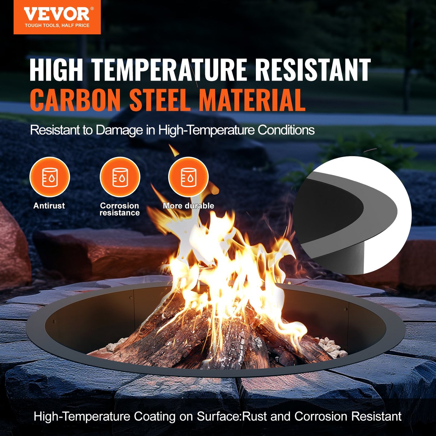 VEVOR Fire Pit Ring Round 40¡± Outer 36¡± Inner Steel Liner DIY Campfire Firepit