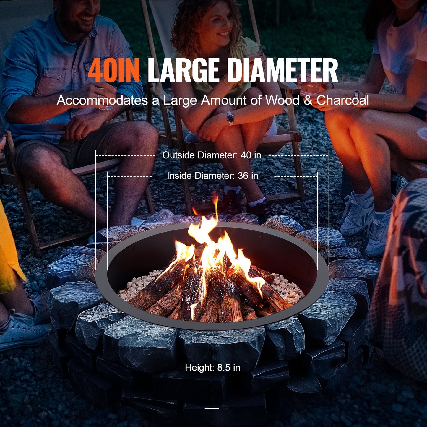VEVOR Fire Pit Ring Round 40¡± Outer 36¡± Inner Steel Liner DIY Campfire Firepit