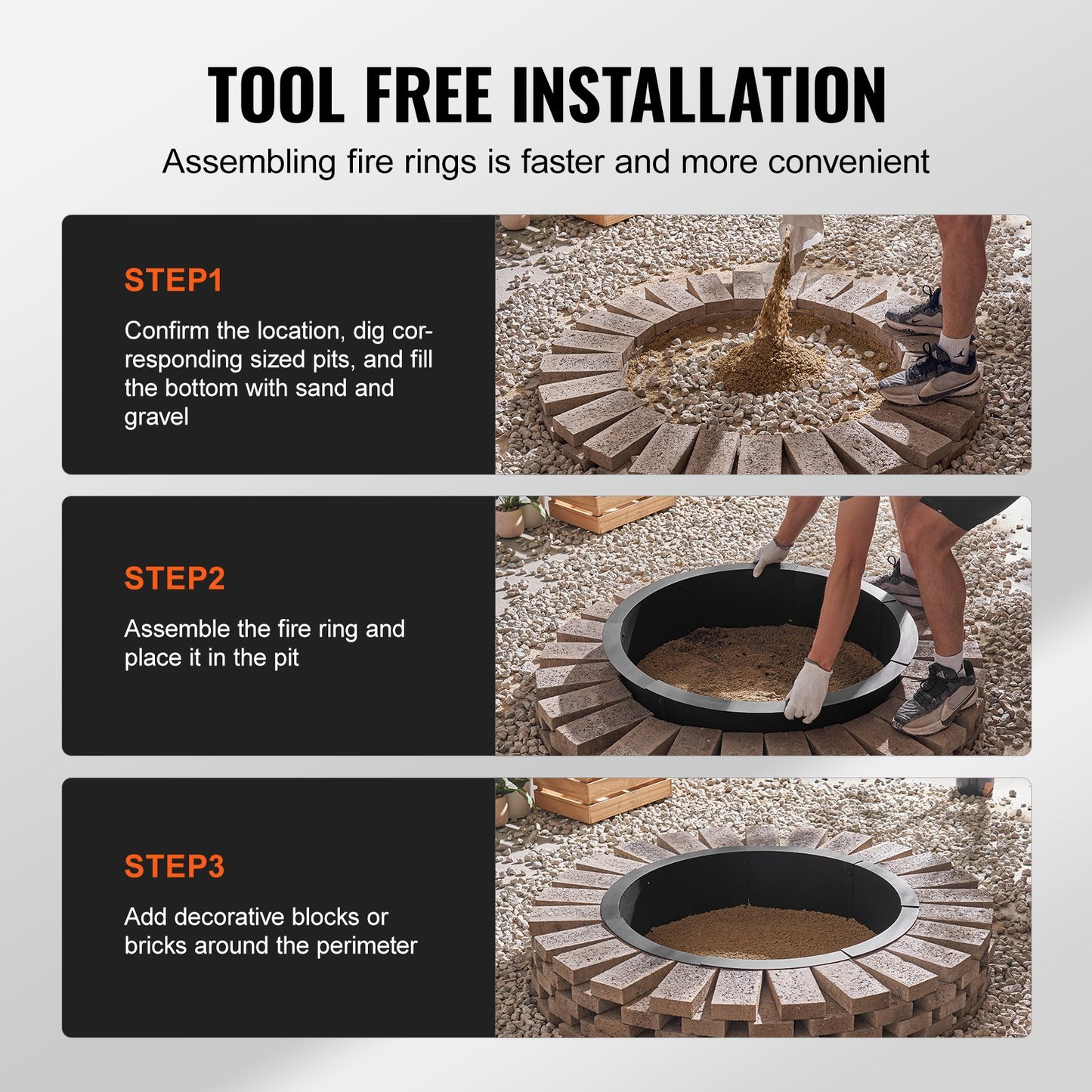 VEVOR Fire Pit Ring Round 40¡± Outer 36¡± Inner Steel Liner DIY Campfire Firepit