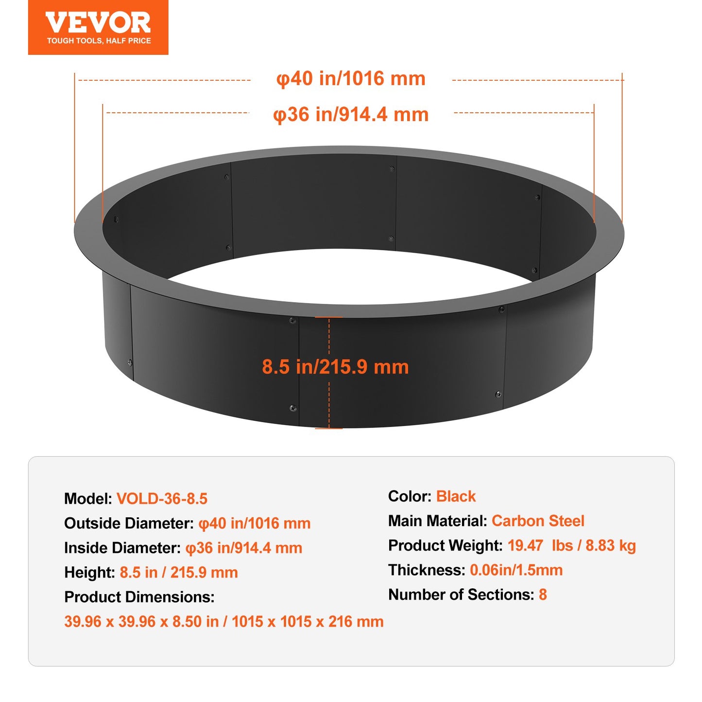 VEVOR Fire Pit Ring Round 40¡± Outer 36¡± Inner Steel Liner DIY Campfire Firepit