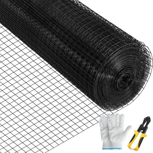 Hardware Cloth, 24\' x50\' & 1\'x1\' Mesh Size, Galvanized Steel Vinyl Coated 16 Gauge Welded Wire with A Cutting Plier & A Pair of Fabric Gloves, for Garden Fencing & Pet Enclosures, Black