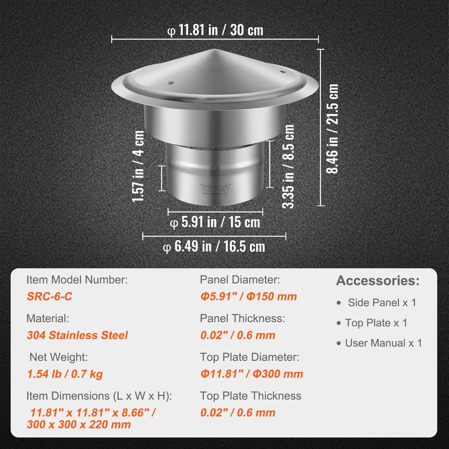 VEVOR Chimney Cap, 6 inch, 304 Stainless Steel Round Roof Rain Cap, 11.81-inch Increased Caps, All Weather & Reinforced Screws & Easy Installation, for Perfect Insulation Vent Cover Outside, Silver