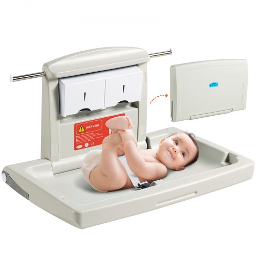 Wall-Mounted Baby Changing Station, Horizontal Foldable Diaper Change Table with Safety Straps and Hanging Rods, Use in Commercial Bathrooms,  Daycare Centers for Newborns & Infant