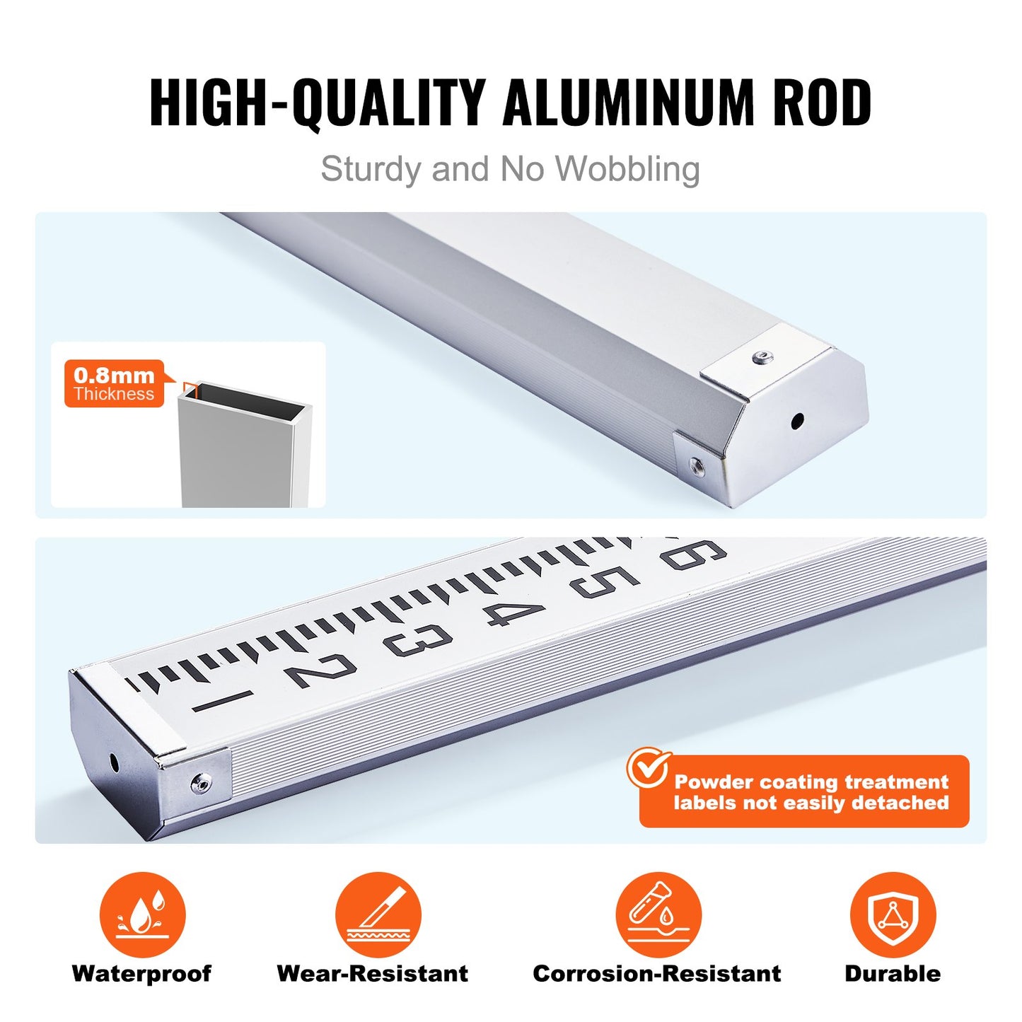 VEVOR Aluminum Grade Rod, 16-Feet/10ths 4 Sections Telescopic Measuring Rod,Double-Sided Scale 1/10ft Leveling Rod Stick,Aluminum Alloy Survey Rod w/ Bubble Level &Carrying Bag for Houses,Walls,Floors