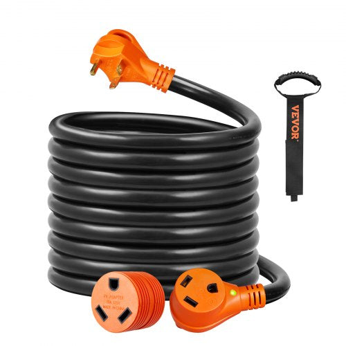 25 ft RV Extension Cord, 30 Amp, Heavy Duty STW RV Power Cord, NEMA TT-30R Female NEMA TT-30P Male Plug, with LED Indicator Handle 15A Adapter, for RVs, trams, generators, campers, ETL Listed
