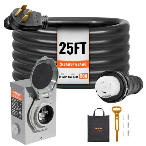 50 Amp Generator Cord and Power Inlet Box Kit, 25FT, NEMA 14-50P/SS2-50R STW 6/3+8/1 AWG Generator Power Cord with Twist Lock Connector, Pre-Drilled Inlet Box for Generator to House, ETL Listed