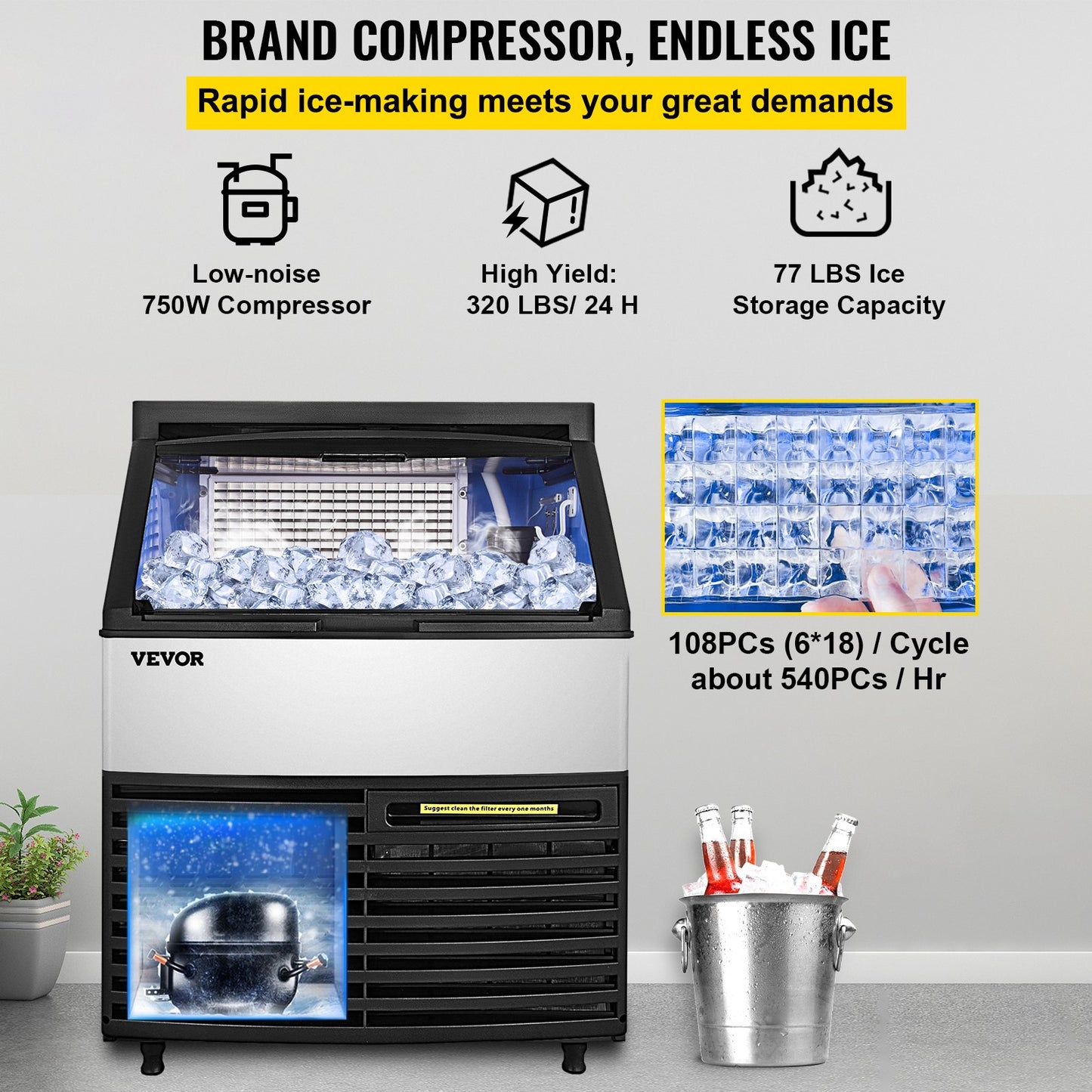 VEVOR 110V Commercial Ice Machine 320LBS/24H with 77LBS Bin, Clear Cube LED Panel, Stainless Steel, Air Cooling, ETL Approved, Professional Refrigeration Equipment, Include Scoop and Connection Hose