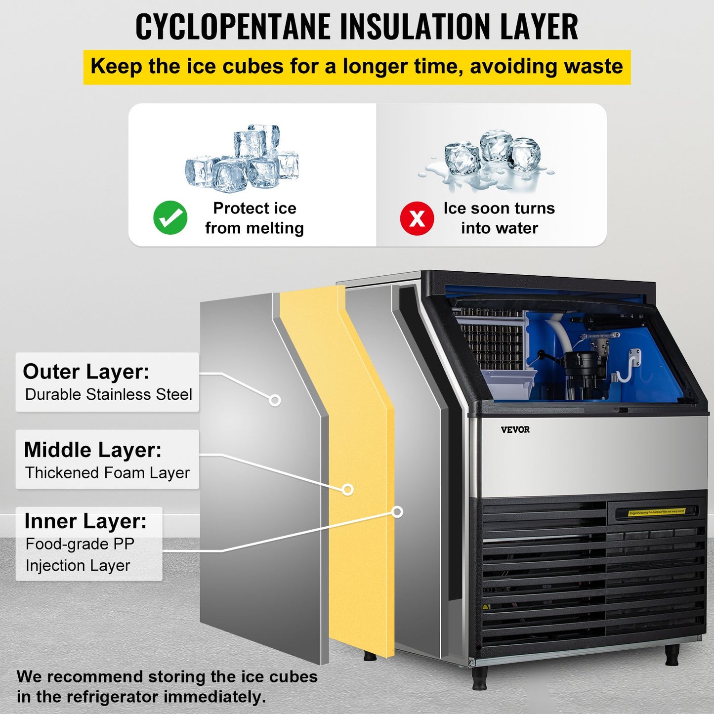 VEVOR 110V Commercial Ice Machine 320LBS/24H with 77LBS Bin, Clear Cube LED Panel, Stainless Steel, Air Cooling, ETL Approved, Professional Refrigeration Equipment, Include Scoop and Connection Hose