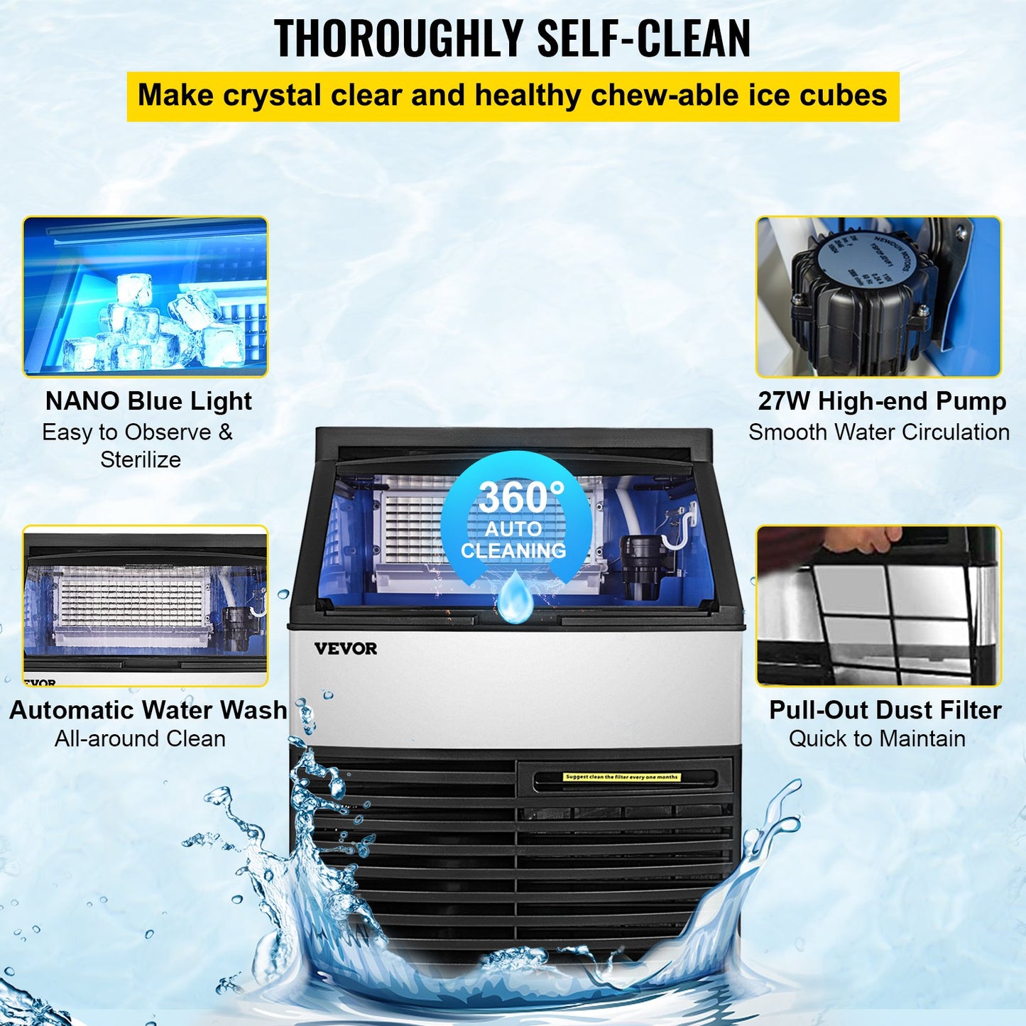 VEVOR 110V Commercial Ice Machine 320LBS/24H with 77LBS Bin, Clear Cube LED Panel, Stainless Steel, Air Cooling, ETL Approved, Professional Refrigeration Equipment, Include Scoop and Connection Hose